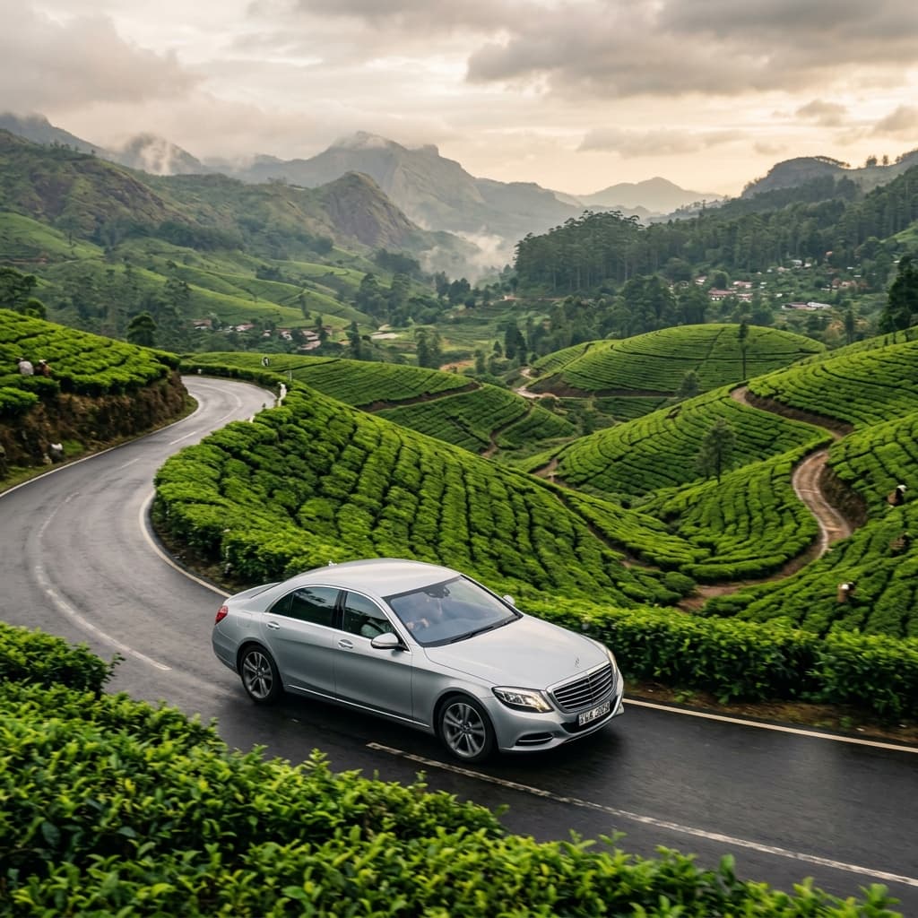 Luxury car driving through lush green tea plantations